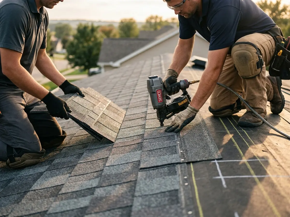 Professional roofer working on a residential roof in Bay Harbor Islands